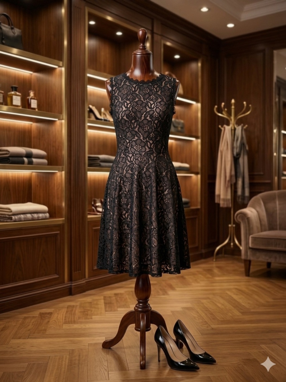 Jodi Kristopher Black Lace Fit & Flare Skater Dress Nude Lining Size Jr 9 /Reg M